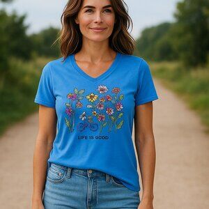 Life is Good W's Biking with Flowers Doves Crusher-LITE Vee